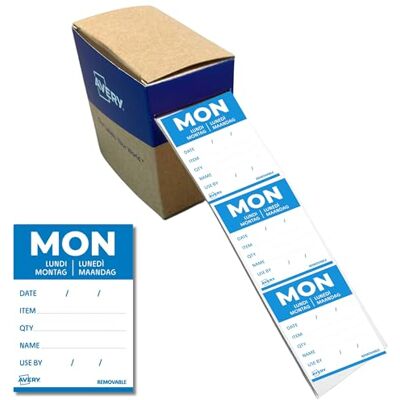 Avery España Etiquetas de papel para trazabilidad alimentaria diaria, Lunes, 40x56 mm, Adhesivo Removible, Rollo de 500 Etiquetas Avery España Etiquetas de papel para trazabilidad alimentaria diaria, Lunes, 40x56 mm, Adhesivo Removible, Rollo de 500 Etiquetas