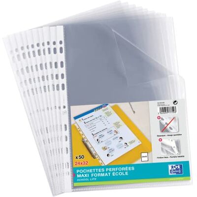Oxford Elba – Fundas perforadas transparentes de polipropileno para archivador de gran formato (24 x 32 cm), bolsa de 50 Oxford Elba – Fundas perforadas transparentes de polipropileno para archivador de gran formato (24 x 32 cm), bolsa de 50