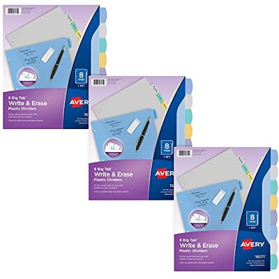 Avery Big Tab Separadores de plástico duraderos para escribir y borrar para carpetas de 3 anillos, juegos de 8 pestañas, multicolor pastel, 3 juegos de separadores de carpetas () Avery Big Tab Separadores de plástico duraderos para escribir y borrar para carpetas de 3 anillos, juegos de 8 pestañas, multicolor pastel, 3 juegos de separadores de carpetas ()