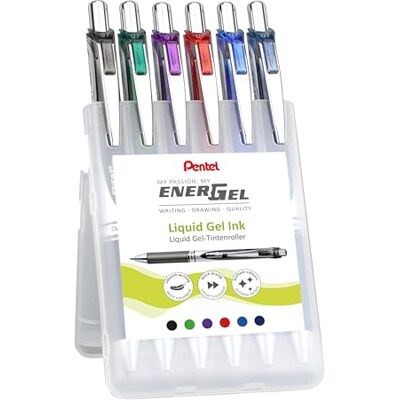 Pentel EnerGel Bolígrafo de tinta de gel con mecanismo de presión, diámetro de bola de 0,7 mm = 0,35 mm de grosor de trazo, recargable, caja de plástico, 6 unidades colores surtidos Pentel EnerGel Bolígrafo de tinta de gel con mecanismo de presión, diámetro de bola de 0,7 mm = 0,35 mm de grosor de trazo, recargable, caja de plástico, 6 unidades colores surtidos