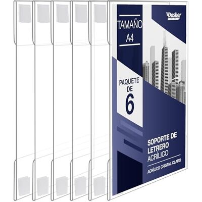 Dasher Products Soporte de letrero acrílico con adhesivo de gancho y bucle, A4 retrato o paisaje, 6 unidades, marco de montaje en pared transparente, soporte para carteles, tablero de mensajes de plástico Dasher Products Soporte de letrero acrílico con adhesivo de gancho y bucle, A4 retrato o paisaje, 6 unidades, marco de montaje en pared transparente, soporte para carteles, tablero de mensajes de plástico