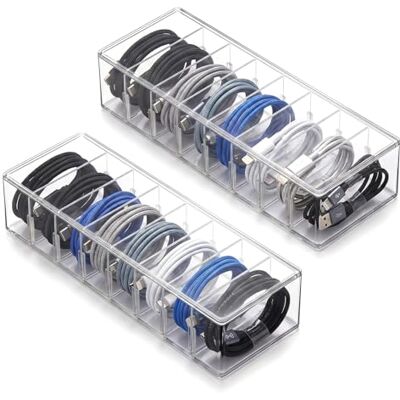 Woobroo Juego de 2 Cajas de gestión de Cables, Caja de Almacenamiento Transparente con Tapa, divisores Ajustables para Cables USB y Cargadores, Organizador de Escritorio, 26 x 10 x 6 cm Woobroo Juego de 2 Cajas de gestión de Cables, Caja de Almacenamiento Transparente con Tapa, divisores Ajustables para Cables USB y Cargadores, Organizador de Escritorio, 26 x 10 x 6 cm