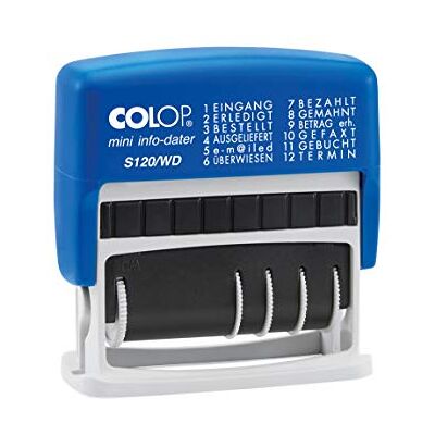 COLOP Sello fechador con texto (altura de las cifras: 4 mm, 12 palabras en alemán, tinta roja o azul) COLOP Sello fechador con texto (altura de las cifras: 4 mm, 12 palabras en alemán, tinta roja o azul)