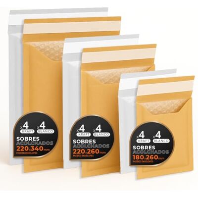 OFITURIA Sobres Acolchados para Envíos, Multitamaño (3 Tamaños), Colores Kraft y Blanco – Cierre Autoadhesivo – Sobres de Papel con Burbuja Interior, Ideal para Envíos Pack M (24 sobres) OFITURIA Sobres Acolchados para Envíos, Multitamaño (3 Tamaños), Colores Kraft y Blanco – Cierre Autoadhesivo – Sobres de Papel con Burbuja Interior, Ideal para Envíos Pack M (24 sobres)