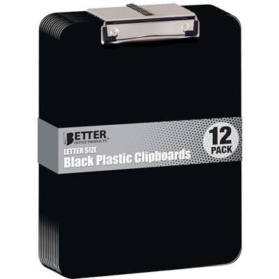 Better Office Products Portapapeles de plástico negro, paquete de 12, duradero, 12.5 x 9 pulgadas, clip de perfil bajo, por , negro, juego de 12 Better Office Products Portapapeles de plástico negro, paquete de 12, duradero, 12.5 x 9 pulgadas, clip de perfil bajo, por , negro, juego de 12
