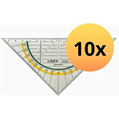 Linex S2616 Super Series Cartabón 16 cm, SAN con escala opuesta y almohadillas adjunta hipotenusa 160 mm, 10-pack, transparente Linex S2616 Super Series Cartabón 16 cm, SAN con escala opuesta y almohadillas adjunta hipotenusa 160 mm, 10-pack, transparente