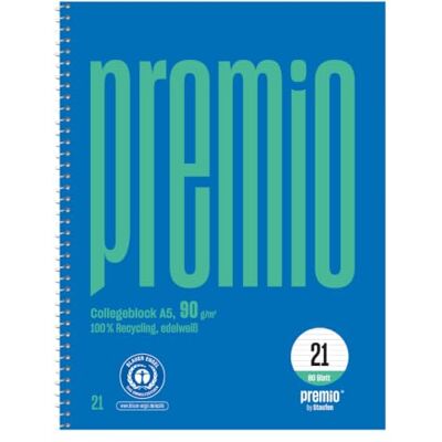 Staufen premio Collegeblock 5 unidades, 80 hojas, DIN A5, línea 21 (9 mm a rayas), 6 agujeros, papel reciclado de 90 g/m² Staufen premio Collegeblock 5 unidades, 80 hojas, DIN A5, línea 21 (9 mm a rayas), 6 agujeros, papel reciclado de 90 g/m²