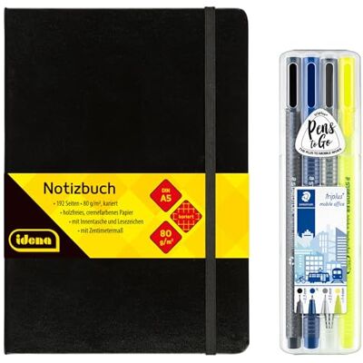 Idena 90327 – Cuaderno DIN A5 con 192 páginas, cuadriculado, incluye set Staedtler Triplus Mobile Office con rotulador, bolígrafo, portaminas y subrayador Idena 90327 – Cuaderno DIN A5 con 192 páginas, cuadriculado, incluye set Staedtler Triplus Mobile Office con rotulador, bolígrafo, portaminas y subrayador