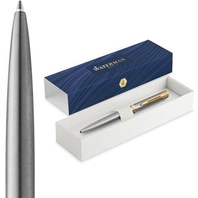 Waterman Impression Bolígrafo Punta media con recarga de tinta azul Acero inoxidable con adornos chapados en oro Caja de regalo Waterman Impression Bolígrafo Punta media con recarga de tinta azul Acero inoxidable con adornos chapados en oro Caja de regalo