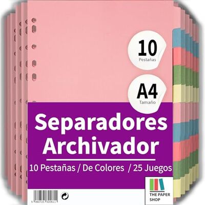The Paper Shop Separadores de archivos A4, 10 divisores de carpetas para carpetas de anillos y archivos de palanca (paquete de 25) separadores de carpetas y sujetos con pestañas de índice de colores para escribir The Paper Shop Separadores de archivos A4, 10 divisores de carpetas para carpetas de anillos y archivos de palanca (paquete de 25) separadores de carpetas y sujetos con pestañas de índice de colores para escribir