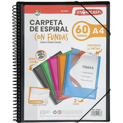 Starplast Carpeta Con Fundas Espiral Flexible 60 fundas transparentes, A4, cierre elástico, tapa polipropileno, portada personalizable, para uso Escolar y Oficina Negro Starplast Carpeta Con Fundas Espiral Flexible 60 fundas transparentes, A4, cierre elástico, tapa polipropileno, portada personalizable, para uso Escolar y Oficina Negro