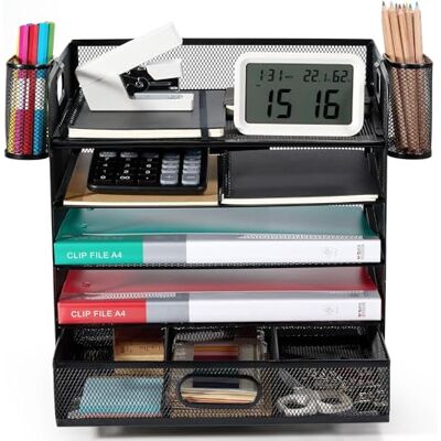 Cheerhom Organizador escritorio,oficina accesorios,5 capas con 2 portaplumas, 2 metales de portapapeles Gran capacidad, todas las funciones integradas Resolver todos los problemas de almacenamiento de archivos Cheerhom Organizador escritorio,oficina accesorios,5 capas con 2 portaplumas, 2 metales de portapapeles Gran capacidad, todas las funciones integradas Resolver todos los problemas de almacenamiento de archivos