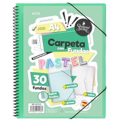 Starplast Carpeta Con Fundas Espiral Flexible 30 fundas transparentes, A4, cierre elástico, tapa polipropileno, portada personalizable, para uso Escolar y Oficina color Verde Pastel Starplast Carpeta Con Fundas Espiral Flexible 30 fundas transparentes, A4, cierre elástico, tapa polipropileno, portada personalizable, para uso Escolar y Oficina color Verde Pastel