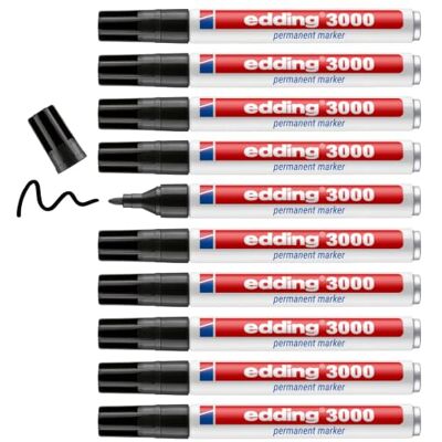 Edding 3000 marcador permanente negro 10 rotuladores punta redonda 1,5-3 mm indeleble de secado rápido resistente al agua y a los borrones cartón, plástico, madera, metal, tela universal Edding 3000 marcador permanente negro 10 rotuladores punta redonda 1,5-3 mm indeleble de secado rápido resistente al agua y a los borrones cartón, plástico, madera, metal, tela universal
