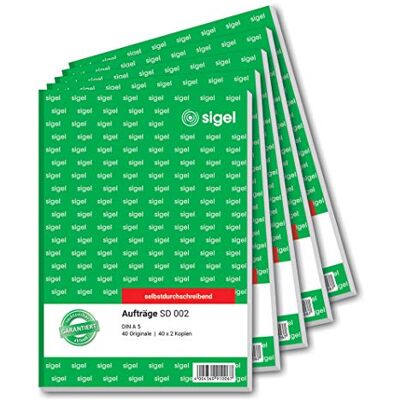 Sigel SD002 Libreta para pedidos, papel de3 capas: 1ª,2ª y 3ª hojas impresas, A5, 3 x 40 hojas, papel autocopiante, 5 unidades (texto en alemán) Sigel SD002 Libreta para pedidos, papel de3 capas: 1ª,2ª y 3ª hojas impresas, A5, 3 x 40 hojas, papel autocopiante, 5 unidades (texto en alemán)