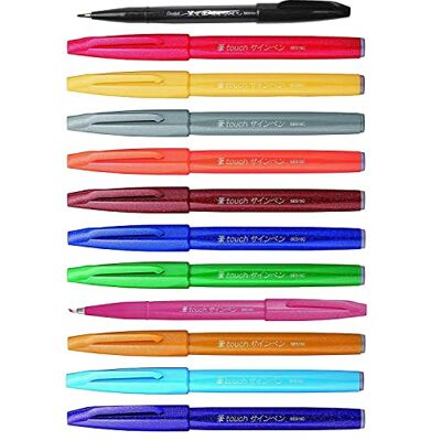 Pentel Brush Sign Pen Rotulador punta fibra flexible para letras, caligrafía, ilustración, 12 colores Pentel Brush Sign Pen Rotulador punta fibra flexible para letras, caligrafía, ilustración, 12 colores