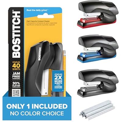 Bostitch , , Grapadora resistente con capacidad de 40 hojas, sin atascos, media tira, cabe en la palma de tu mano, para aula, oficina o escritorio, color aleatorio Bostitch , , Grapadora resistente con capacidad de 40 hojas, sin atascos, media tira, cabe en la palma de tu mano, para aula, oficina o escritorio, color aleatorio