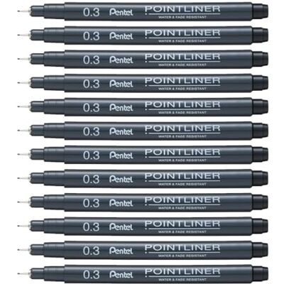 Pentel Pointliner , rotulador de punta fina, negro, resistente al agua y a la luz, 0,3 mm, 12 unidades Pentel Pointliner , rotulador de punta fina, negro, resistente al agua y a la luz, 0,3 mm, 12 unidades