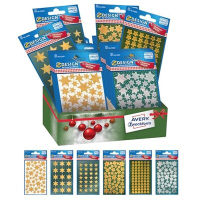 Avery Surtido mini estrellas adhesivas brillantes de navidad, 6 referencias, total 60 pegatinas Avery Surtido mini estrellas adhesivas brillantes de navidad, 6 referencias, total 60 pegatinas