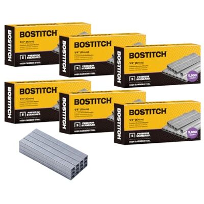 Bostitch Office 30.000 grapas estándar, 1/4 pulgadas de longitud, grapas de tira completa, 210/tira, 5000 por caja, paquete de 6 Bostitch Office 30.000 grapas estándar, 1/4 pulgadas de longitud, grapas de tira completa, 210/tira, 5000 por caja, paquete de 6