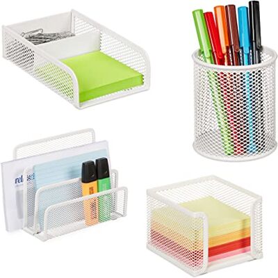 Relaxdays Organizador Escritorio 4 Piezas Rejilla Metálica, Soporte Cartas, Caja Pósits y Clips, Portalápices, Blanco, Acero, 13.5 x 17.5 x 8 cm Relaxdays Organizador Escritorio 4 Piezas Rejilla Metálica, Soporte Cartas, Caja Pósits y Clips, Portalápices, Blanco, Acero, 13.5 x 17.5 x 8 cm