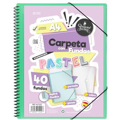 Starplast Carpeta Con Fundas Espiral Flexible 40 fundas transparentes, A4, cierre elástico, tapa polipropileno, portada personalizable, para uso Escolar y Oficina color Verde Pastel Starplast Carpeta Con Fundas Espiral Flexible 40 fundas transparentes, A4, cierre elástico, tapa polipropileno, portada personalizable, para uso Escolar y Oficina color Verde Pastel