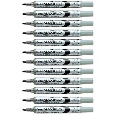 Pentel Maxiflo Lote de 12 rotuladores para pizarra blanca (punta mediana, tinta líquida), color negro, paquete de 12 unidades Pentel Maxiflo Lote de 12 rotuladores para pizarra blanca (punta mediana, tinta líquida), color negro, paquete de 12 unidades