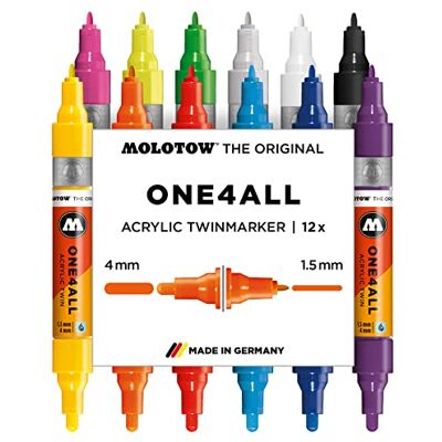 Molotow One4All Juego de rotuladores acrílicos Twin (1,5 mm y 4,0 mm, alta cobertura y permanente, resistente a los rayos UV, para casi todas las superficies), 12 unidades surtidas Molotow One4All Juego de rotuladores acrílicos Twin (1,5 mm y 4,0 mm, alta cobertura y permanente, resistente a los rayos UV, para casi todas las superficies), 12 unidades surtidas