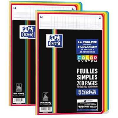 Oxford Lote de 2 hojas individuales color SYSTEM A4 perforadas 200 páginas grandes azulejos Seyès 5 colores de marcos surtidos bajo película Oxford Lote de 2 hojas individuales color SYSTEM A4 perforadas 200 páginas grandes azulejos Seyès 5 colores de marcos surtidos bajo película