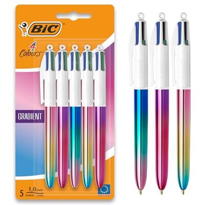 BIC 4 Colores Gradient Bolígrafo Retráctil de Punta Media (1,0 mm) Diseños de Cuerpo con Degradado Tricolor, Pack de 5 BIC 4 Colores Gradient Bolígrafo Retráctil de Punta Media (1,0 mm) Diseños de Cuerpo con Degradado Tricolor, Pack de 5
