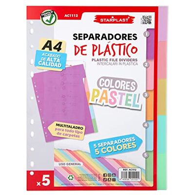 Starplast Pack 5 Separadores Pastel Para Carpeta o Archivador 2-4 Anillas, Organizadores, Polipropileno, Índice, Multitaladro, Clasificador, uso Escolar o de Oficina. Starplast Pack 5 Separadores Pastel Para Carpeta o Archivador 2-4 Anillas, Organizadores, Polipropileno, Índice, Multitaladro, Clasificador, uso Escolar o de Oficina.