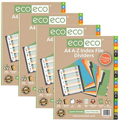 eco-eco Juego de 24 divisores de archivo con índice A-Z de 200 mics (4 unidades, tamaño A4, 50% reciclado), , estándar eco-eco Juego de 24 divisores de archivo con índice A-Z de 200 mics (4 unidades, tamaño A4, 50% reciclado), , estándar