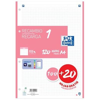 Oxford Recambio 100H + 20H Gratis 4 Taladros A4 90Gr 5X5 1 Banda Rosa Chicle Oxford Recambio 100H + 20H Gratis 4 Taladros A4 90Gr 5X5 1 Banda Rosa Chicle