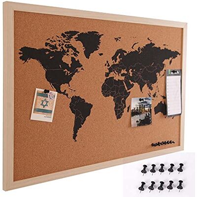 BAKAJI Panel de anuncios con mapamundi de corcho, mapa geográfico con mapa del mundo, marco de madera con marco, tamaño 60 x 40 cm, de pared, diseño moderno con 10 chinchetas, idea regalo BAKAJI Panel de anuncios con mapamundi de corcho, mapa geográfico con mapa del mundo, marco de madera con marco, tamaño 60 x 40 cm, de pared, diseño moderno con 10 chinchetas, idea regalo