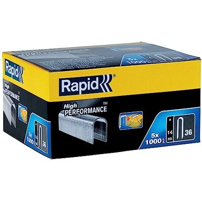 Rapid 5 Paquetes de 1000 Grapas N.36/14 mm para Cables de Baja Tensión de 6 mm con Corona Redondeada y Estructura de Hilo Fino, Longitud de Pierna 14 mm Rapid 5 Paquetes de 1000 Grapas N.36/14 mm para Cables de Baja Tensión de 6 mm con Corona Redondeada y Estructura de Hilo Fino, Longitud de Pierna 14 mm