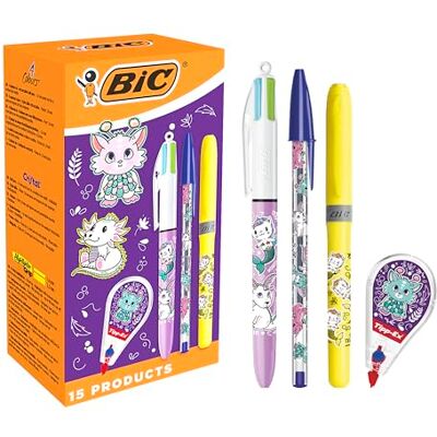 BIC Animales Fantásticos – Bolígrafos de Punta Media (1,0 mm), Rotuladores Fluorescentes y Pastel de Punta Biselada, Corrector en Cinta – Diseños Surtidos, Caja de 15. Diseños coloridos BIC Animales Fantásticos – Bolígrafos de Punta Media (1,0 mm), Rotuladores Fluorescentes y Pastel de Punta Biselada, Corrector en Cinta – Diseños Surtidos, Caja de 15. Diseños coloridos