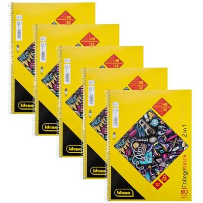 Idena Bloc de notas 2en1 de 5 unidades con 48 hojas cuadriculadas y 32 hojas rayadas en A4, bloc con encuadernación en espiral, 80 hojas de 70 g/m², 4 agujeros y perforado Idena Bloc de notas 2en1 de 5 unidades con 48 hojas cuadriculadas y 32 hojas rayadas en A4, bloc con encuadernación en espiral, 80 hojas de 70 g/m², 4 agujeros y perforado
