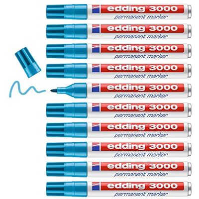 Edding 3000 marcador permanente azul claro 10 rotuladores punta redonda 1,5-3 mm indeleble de secado rápido resistente al agua y a los borrones cartón, plástico, madera, metal universal Edding 3000 marcador permanente azul claro 10 rotuladores punta redonda 1,5-3 mm indeleble de secado rápido resistente al agua y a los borrones cartón, plástico, madera, metal universal