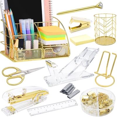 FERXIDI Organizadores y accesorios de escritorio dorados, suministros de oficina para escritorio, juego de 13 piezas con grapadora acrílica, dispensador de cinta, removedor de grapas, soporte para FERXIDI Organizadores y accesorios de escritorio dorados, suministros de oficina para escritorio, juego de 13 piezas con grapadora acrílica, dispensador de cinta, removedor de grapas, soporte para