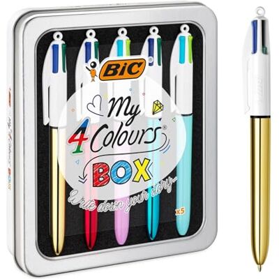 BIC My 4 Colours Box Caja de 5 Bolígrafos 4 Colores (Shine y Fun) en una bonita caja metálica Bolígrafo retráctil con tintas en colores surtidos BIC My 4 Colours Box Caja de 5 Bolígrafos 4 Colores (Shine y Fun) en una bonita caja metálica Bolígrafo retráctil con tintas en colores surtidos