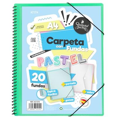 Starplast Carpeta Con Fundas Espiral Flexible 20 fundas transparentes, A4, cierre elástico, tapa polipropileno, portada personalizable, para uso Escolar y Oficina color Verde Pastel Starplast Carpeta Con Fundas Espiral Flexible 20 fundas transparentes, A4, cierre elástico, tapa polipropileno, portada personalizable, para uso Escolar y Oficina color Verde Pastel