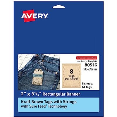Avery , , Etiquetas de 5 x 9 cm en papel kraft, tecnología Sure Feed, impresión láser e inyección de tinta, cuerdas incluidas, también es ideal para regalos y recuerdos, 64 unidades, Marrón Avery , , Etiquetas de 5 x 9 cm en papel kraft, tecnología Sure Feed, impresión láser e inyección de tinta, cuerdas incluidas, también es ideal para regalos y recuerdos, 64 unidades, Marrón
