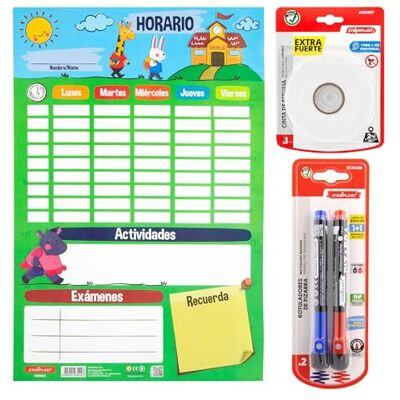 Starplast Pack Lámina Educativa Horario Escolar Horario 40x60cm, Cinta doble cara extra fuerte 4mx18mm, 2 Rotuladores pizarra Azul y Rojo, planificador semanal, actividades y exámenes. Starplast Pack Lámina Educativa Horario Escolar Horario 40x60cm, Cinta doble cara extra fuerte 4mx18mm, 2 Rotuladores pizarra Azul y Rojo, planificador semanal, actividades y exámenes.