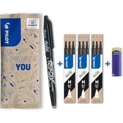 PILOT Caja de 1 FriXion Ball + 3 Set de 3 recambios + 1 goma -Bolígrafo rollerball recargable Negro Punta Media PILOT Caja de 1 FriXion Ball + 3 Set de 3 recambios + 1 goma -Bolígrafo rollerball recargable Negro Punta Media