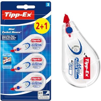 Tipp-Ex Cinta Correctora Mini Pocket Mouse – Óptimo para Material Escolar 6 m x 5 mm, Pack de 2+1, Color Blanco Tipp-Ex Cinta Correctora Mini Pocket Mouse – Óptimo para Material Escolar 6 m x 5 mm, Pack de 2+1, Color Blanco