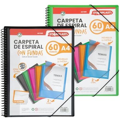 Starplast Carpeta Con Fundas Espiral Flexible 60 fundas transparentes, A4, cierre elástico, tapa polipropileno, portada personalizable, para uso Escolar y Oficina Pack 2 Surtido Starplast Carpeta Con Fundas Espiral Flexible 60 fundas transparentes, A4, cierre elástico, tapa polipropileno, portada personalizable, para uso Escolar y Oficina Pack 2 Surtido