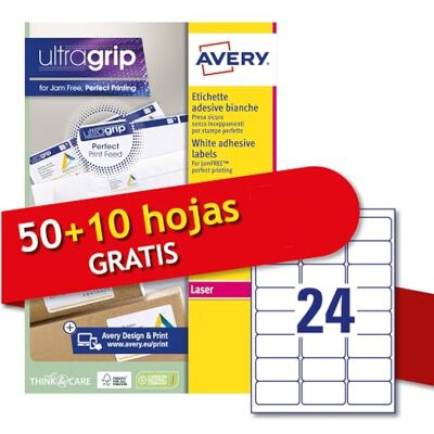 Avery Etiquetas adhesivas en papel blanco, 50 +10 hojas extra, rectangulares 63,5x33,9mm, 24 etiquetas por hoja, adhesivo permanente, impresoras láser Avery Etiquetas adhesivas en papel blanco, 50 +10 hojas extra, rectangulares 63,5x33,9mm, 24 etiquetas por hoja, adhesivo permanente, impresoras láser