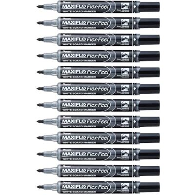 Pentel Rotuladores para pizarra blanca Maxiflo Flex-Feel, 12 unidades, color negro. Pentel Rotuladores para pizarra blanca Maxiflo Flex-Feel, 12 unidades, color negro.