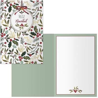 DOHE Tarjetas de Felicitación Navidad Pack 6 unidades Tamaño: 11,5x17 cm (cerrada) Incluye sobre para guardar la tarjeta Modelo Acebo DOHE Tarjetas de Felicitación Navidad Pack 6 unidades Tamaño: 11,5x17 cm (cerrada) Incluye sobre para guardar la tarjeta Modelo Acebo