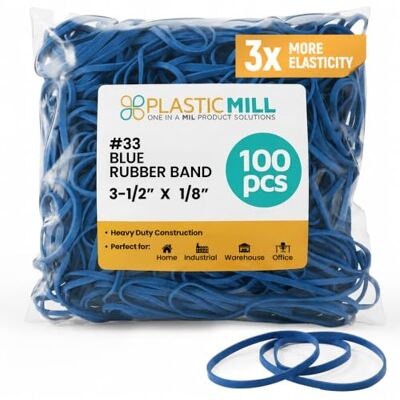 PlasticMill Bandas de goma, tamaño #33, bandas de goma azules, 100 unidades. PlasticMill Bandas de goma, tamaño #33, bandas de goma azules, 100 unidades.